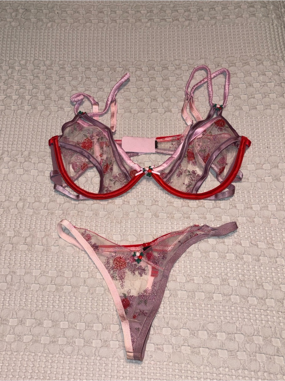 For Love And Lemons Sheer Floral Embroidered Bra & Thong in Pink and Red